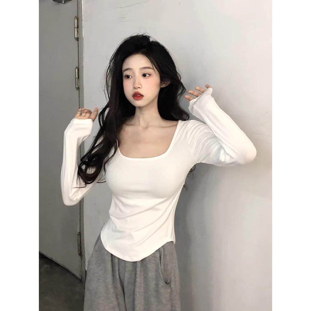 2025夏装新款正肩方领长袖t恤女装独特漂亮超好看打底衫内搭上衣