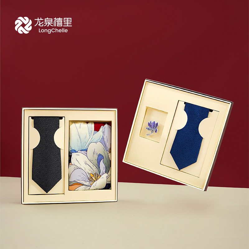 龙泉禧里男士高档真丝领带丝巾手工盘扣胸针桑蚕丝高端商务礼盒装
