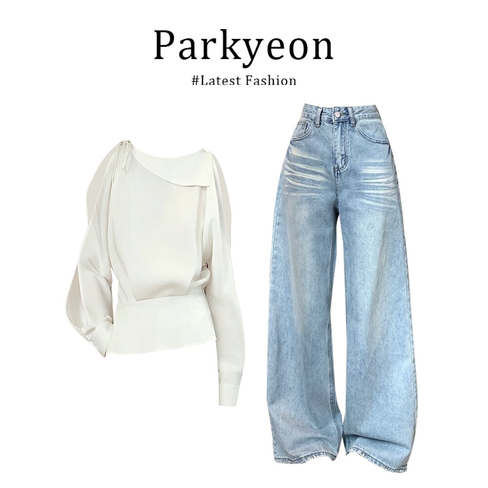 parkyeon韩系漂亮衣服温柔风不规则露肩上衣夏季浅蓝色牛仔裤套装
