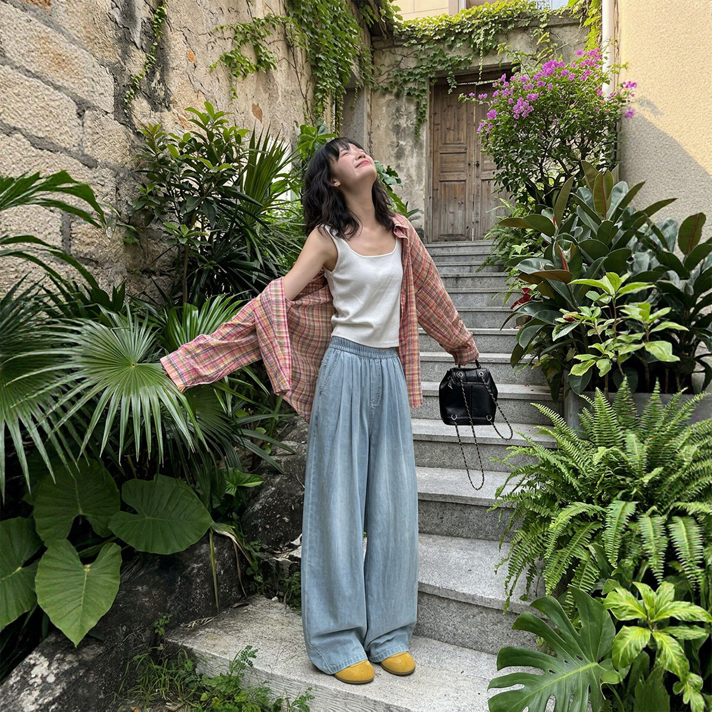 松紧腰牛仔裤子春女2026新款小个子宽松大码夏薄款窄版直筒阔腿裤