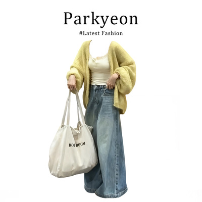 parkyeon巨好看奶呼呼绿色灯笼袖毛衣外套内搭背心牛仔裤三件套女