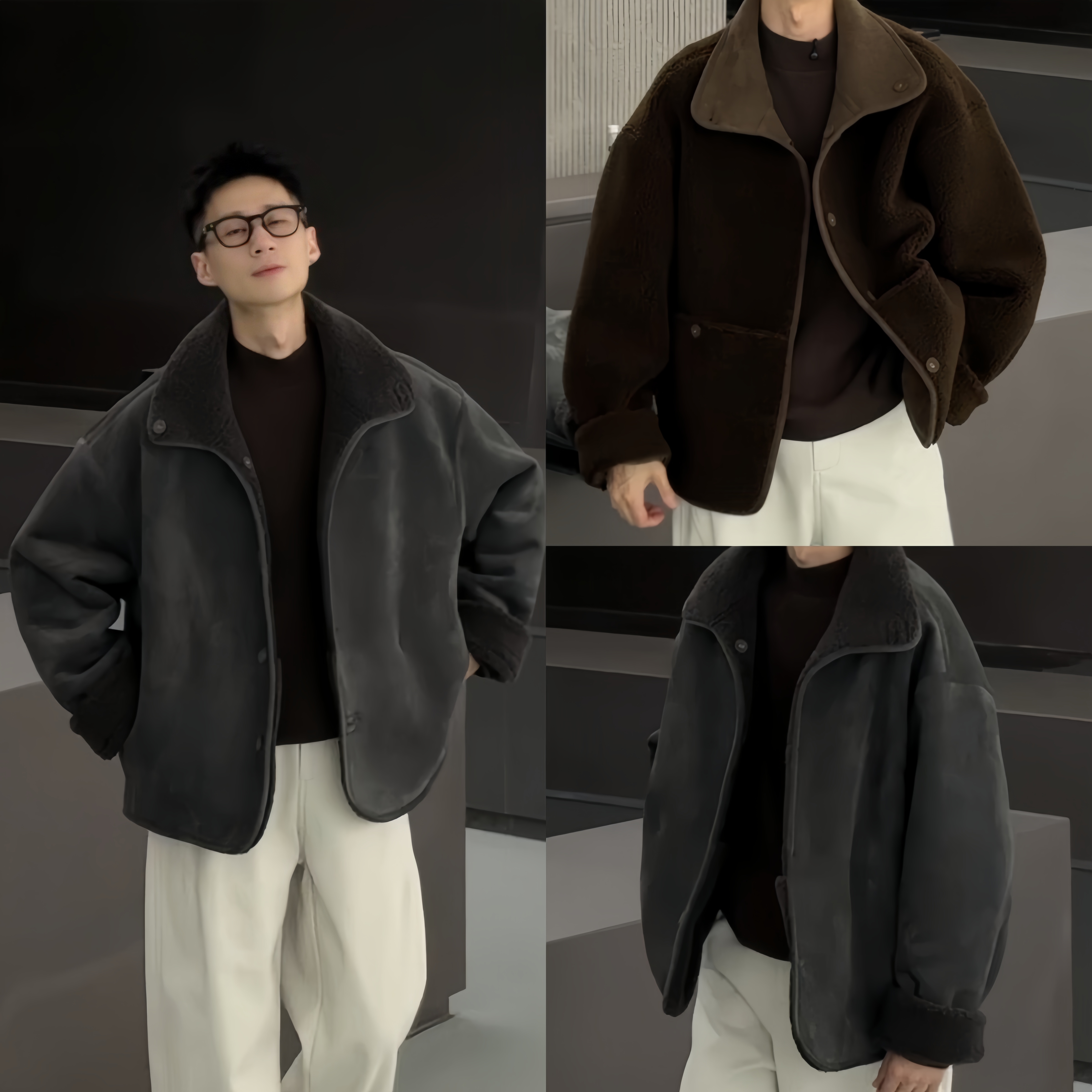 秋冬高品质磨绒绗线工艺双面穿皮毛一体保暖时尚百搭夹克外套男