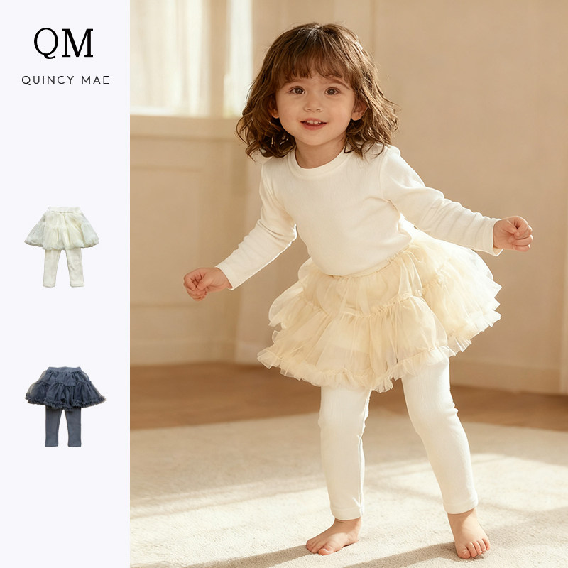 Quincy Mae纱裙假两件打底裤针织百搭女童裤子加绒网纱长裤外穿,童装/婴儿装/亲子装,打底裤,淘宝优惠券,粉丝福利购,淘宝优惠卷
