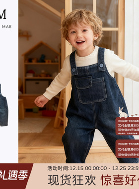 Quincy Mae复古宽松男女同款加绒秋冬保暖牛仔背带裤