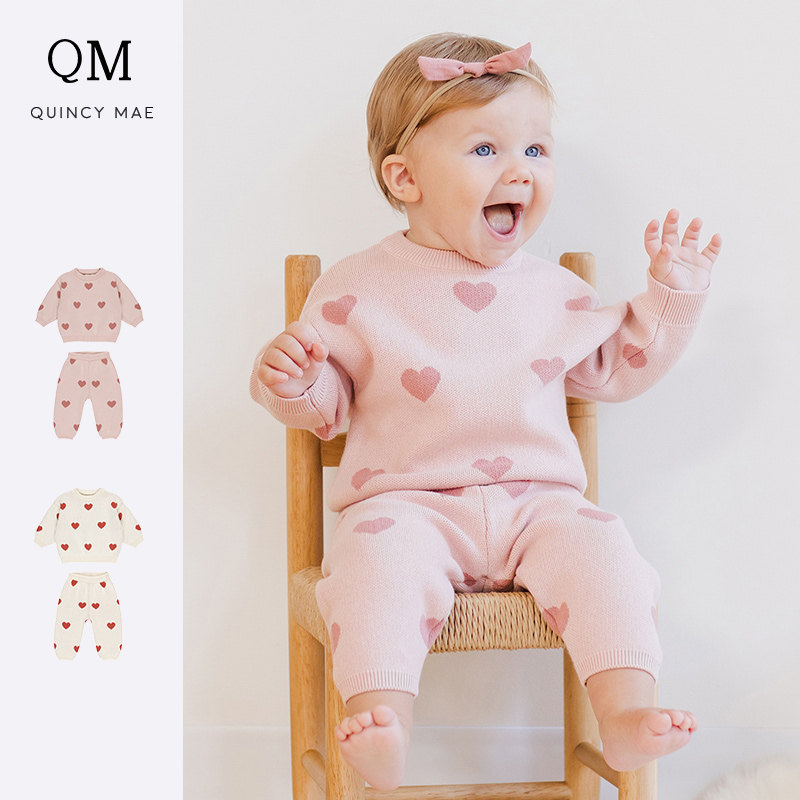 Quincy Mae童装新年红亲肤宝宝男女可爱休闲毛衣毛裤子家居服套装