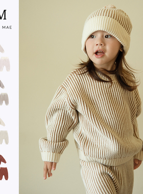 Quincy Mae童装秋冬新品圆领条纹套头针织毛衣长裤套装保暖外出服