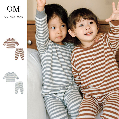 Quincy Mae童装夏秋新品条纹家居服套装外出服休闲服长袖两件套