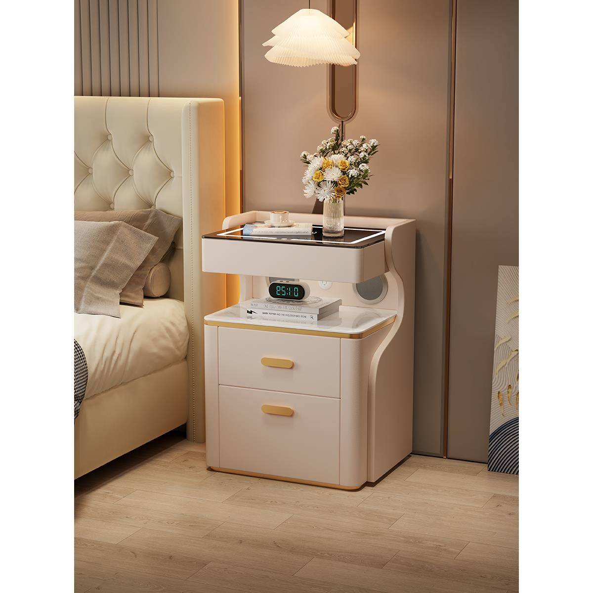 智能床头柜，轻奢、高端、简约、现代卧室，多功能无线充电储物床