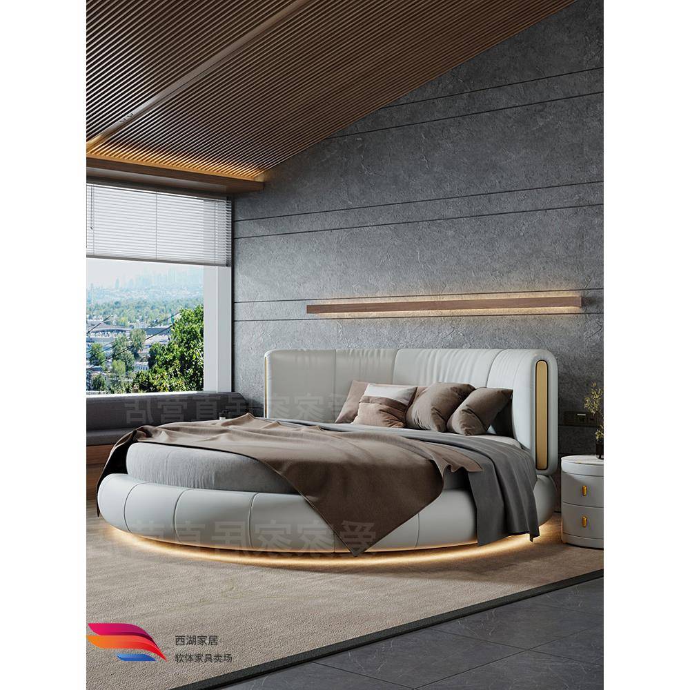 意式大圆床双人现代简约轻奢浪漫公主卧真皮豪华圆形情侣酒店婚床