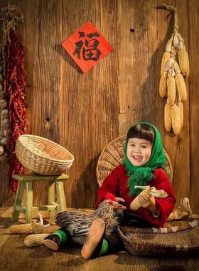 新年土味儿村花拍照道具摆件仿古老式背景布影楼新年主题儿童摄影