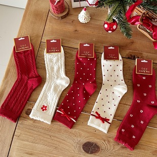 冬季 兔绒大红袜子女本命年新年袜丝绒蝴蝶结森系女士中筒鸿运袜子