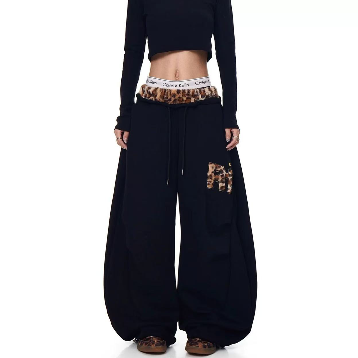 毛绒豹纹卫裤爵士舞弯刀裤子