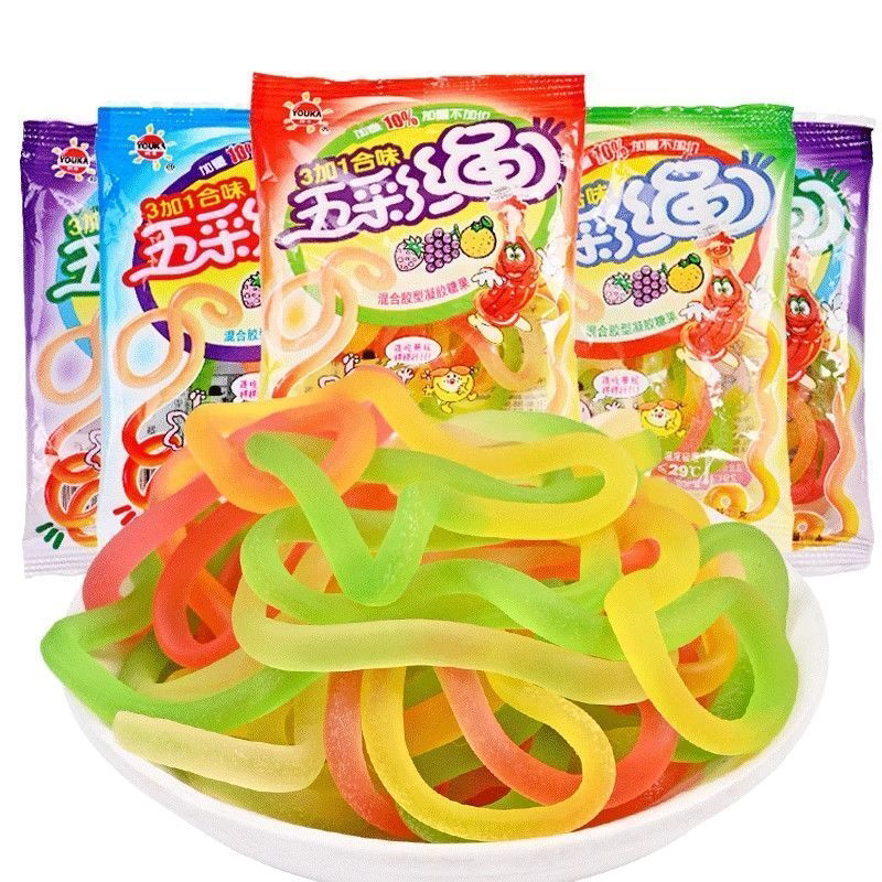 爆款五彩绳子软糖小包装面条糖彩虹糖混合口味跳绳糖怀旧零食批发