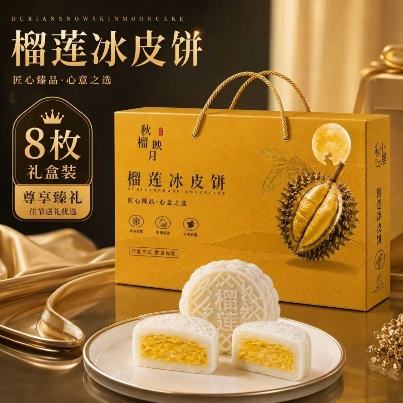 榴莲冰皮月饼8枚礼盒装中秋佳节送礼优选尊享臻礼心意之选