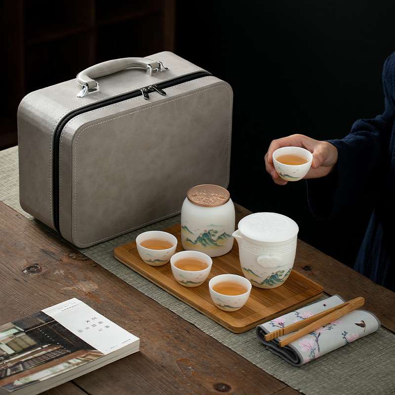 旅行茶具套装便携式装备车载办公室简易户外包白瓷功夫泡茶壶茶杯