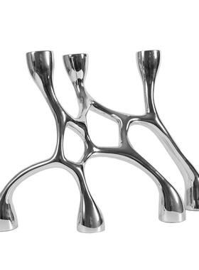 现代简约银色黑色几何交织网状树脂烛台家居样板间售楼处玄关摆件