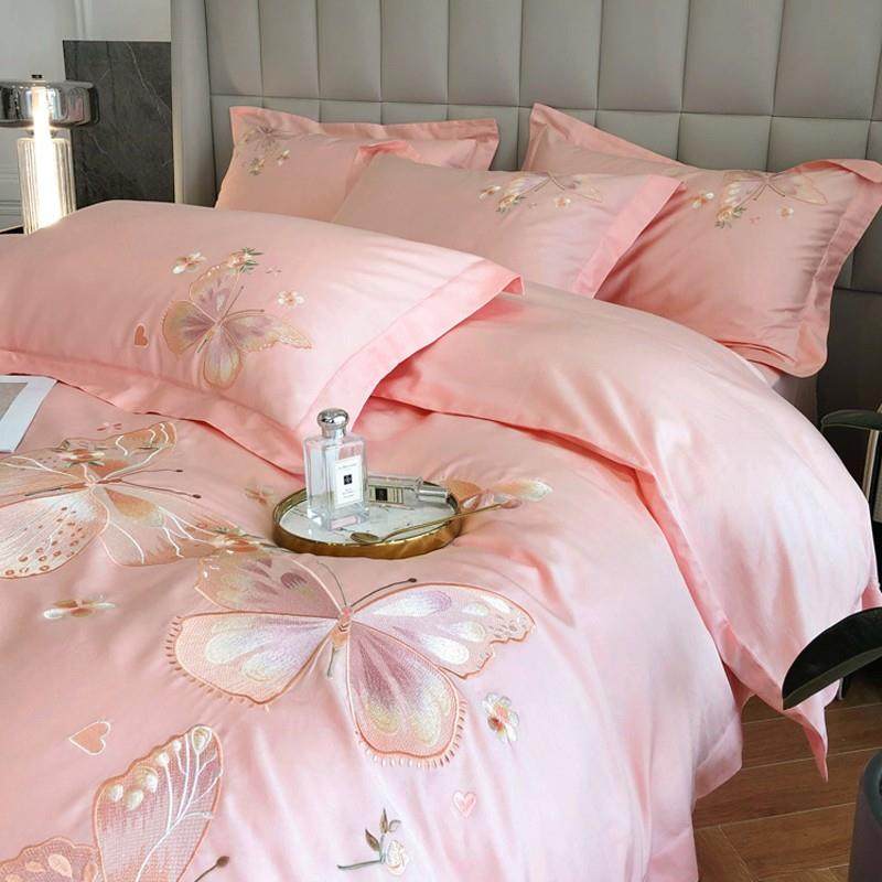 纯棉粉白色美式100支长绒棉床上四件套贡缎床单被套婚庆