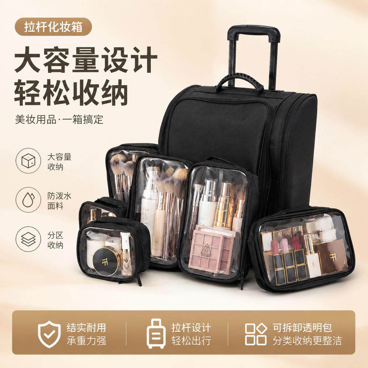 牛津布专业拉杆化妆箱美甲纹绣美发拉杆收纳箱彩妆跟妆师工具箱