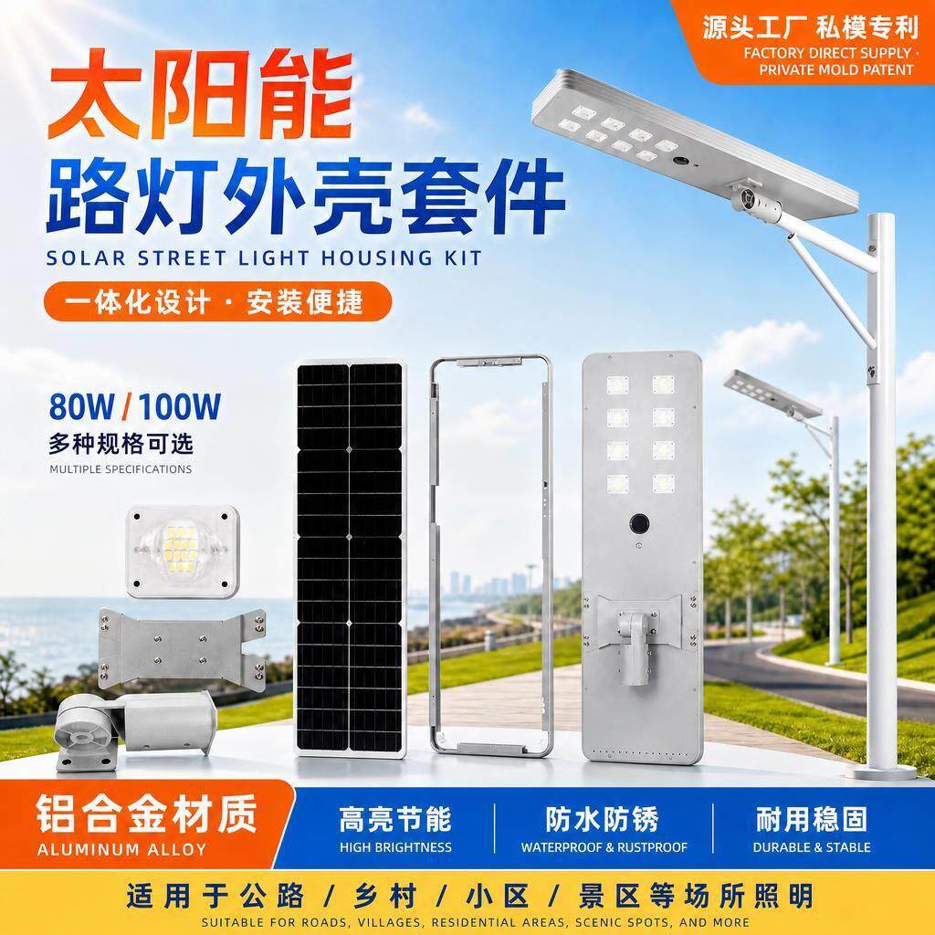 LED户外太阳能灯具外壳套件80W100W铝材路灯壳一体化太阳能灯外壳