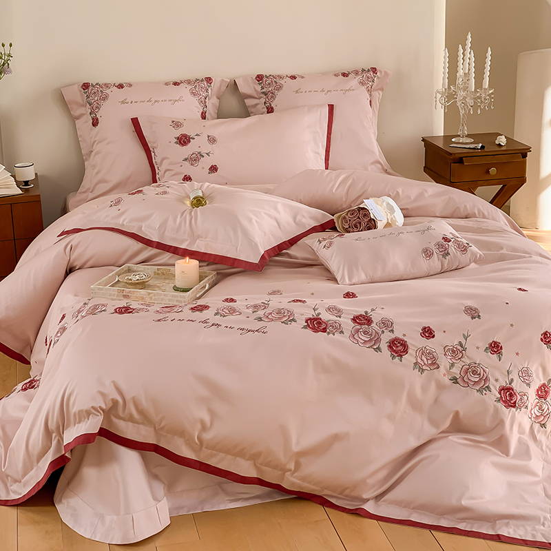 玫瑰刺绣婚庆四件套喜庆新婚红色被套浪漫结婚婚房嫁娶床上用品