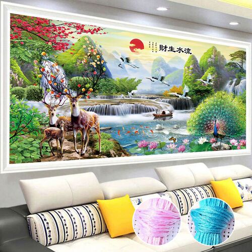 十字绣2024新款流水生财客厅线绣大幅孔雀麋鹿大气山水画手工自绣