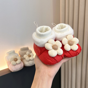 12个月满月百天喜庆宝宝袜鞋 红色婴儿鞋 女童0 加厚加绒 子冬季