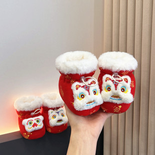 24年新款宝宝过新年虎头鞋袜冬0-12月加厚加绒婴儿红色喜庆棉鞋