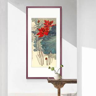 中式玄关装饰画竖版书房办公室客厅走廊实木框挂画张大千荷花国画