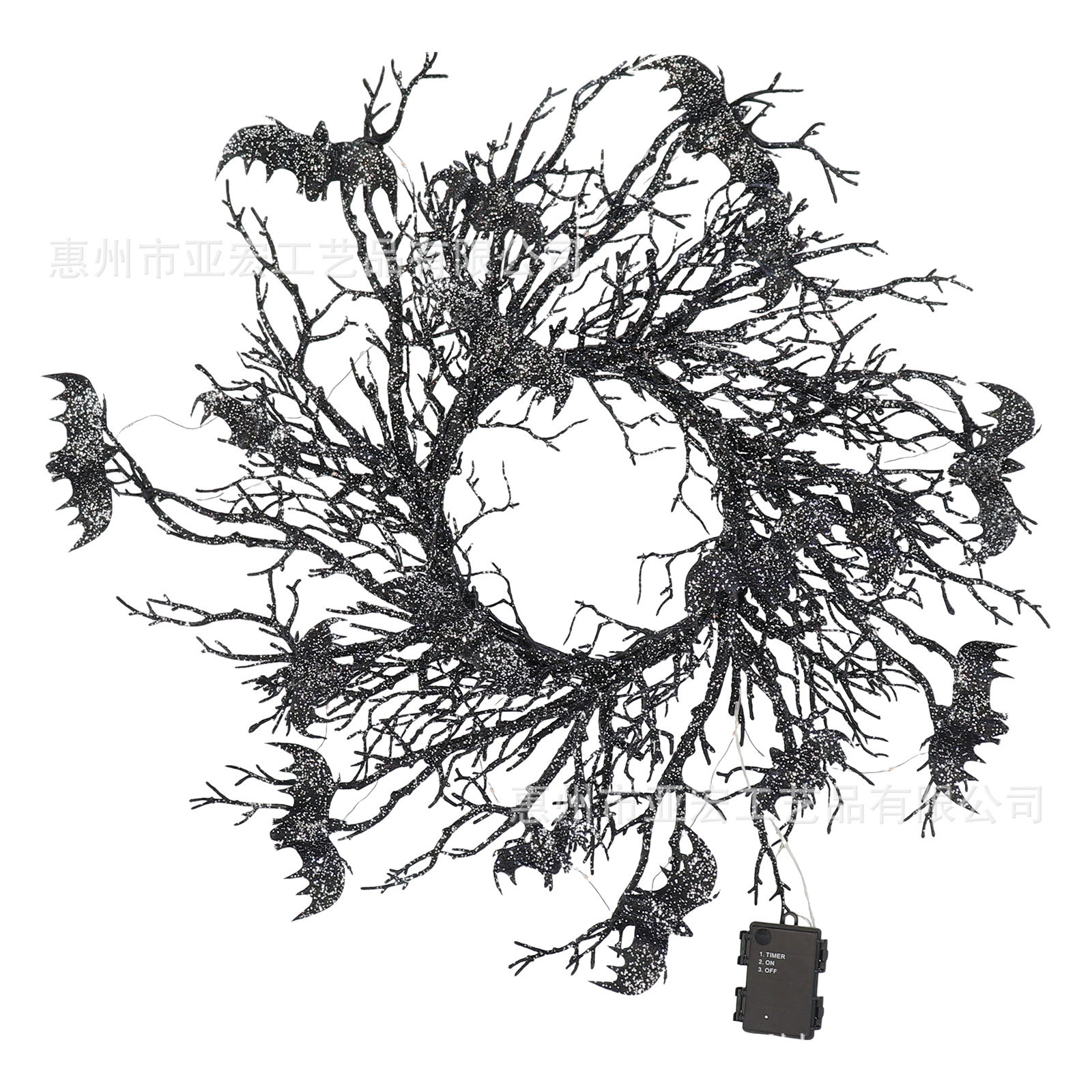 跨境爆款万圣节花环鬼节装饰黑色枯枝蝙蝠藤圈花环发光挂件批发