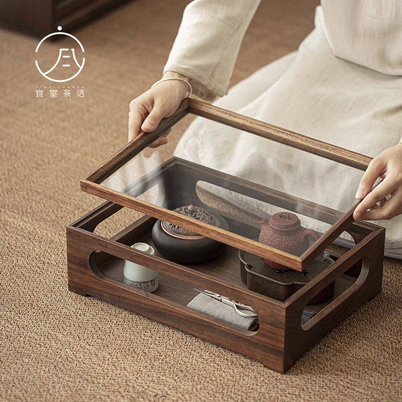 北美胡桃木开窗茶具收纳柜创意透明玻璃收纳柜家用木制茶柜展示盒