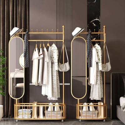 可移动落地衣架家用铁艺多功能衣帽架旋转穿衣镜一体挂衣架省空间