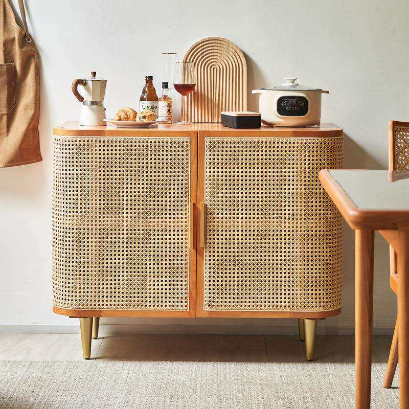 北欧藤编实木餐边柜家用客厅多功能储物柜置物柜子多层双门玄关柜