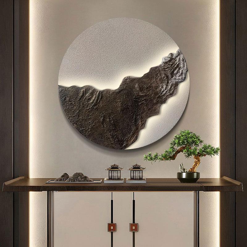 新中式玄关立体浮雕装饰画砂岩肌理大气挂画客厅卧室床头圆形壁画
