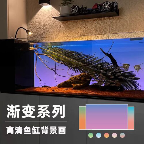 高清图水族箱生态缸造景装饰缸外正胶新款鱼缸渐变背景画专用贴纸