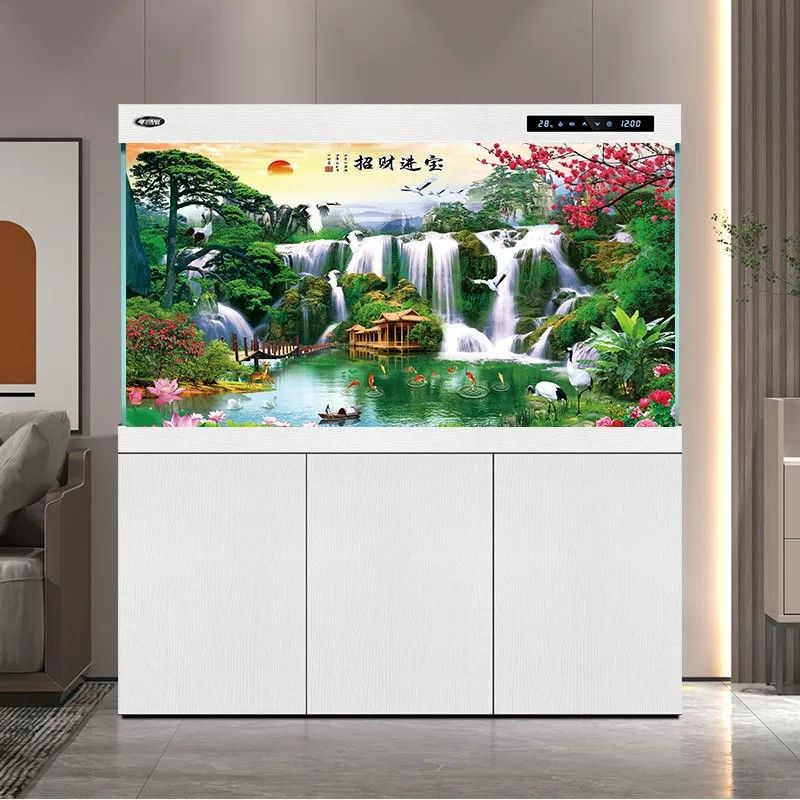 流水生财造景装饰画山水画壁纸鱼缸背景贴纸3d立体高清图5d水族箱