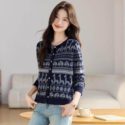 针织开衫女短款春秋装2025新款今年流行爆款宽松百搭提花毛衣外套