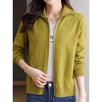 2025年春秋短款拉炼毛衣外套女翻领宽松外搭上衣洋气秋冬针织开衫