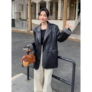 外套女秋冬新款 覆古大码 西装 气质百搭长袖 慵懒风宽松外穿皮衣 女装