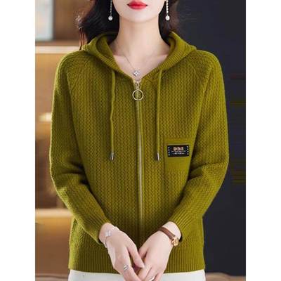 秋冬新款针织开衫上衣女连帽加厚毛衣外套宽松时尚百搭外穿针织衫