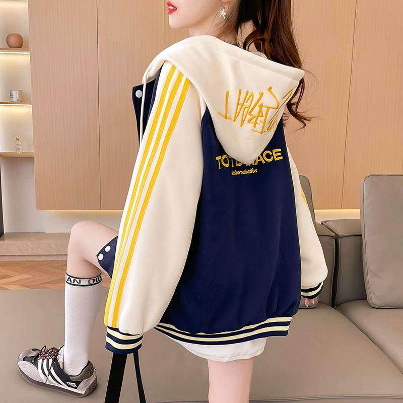 2025美式复古条纹撞色棒球服女国潮宽松春秋季新款初高中学生外套