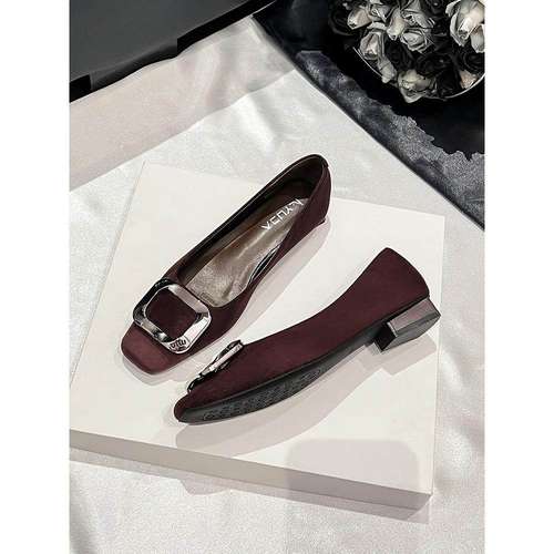 Yuda黑色女性软皮低跟工作鞋浅滑鞋金属扣2025新麂皮鞋