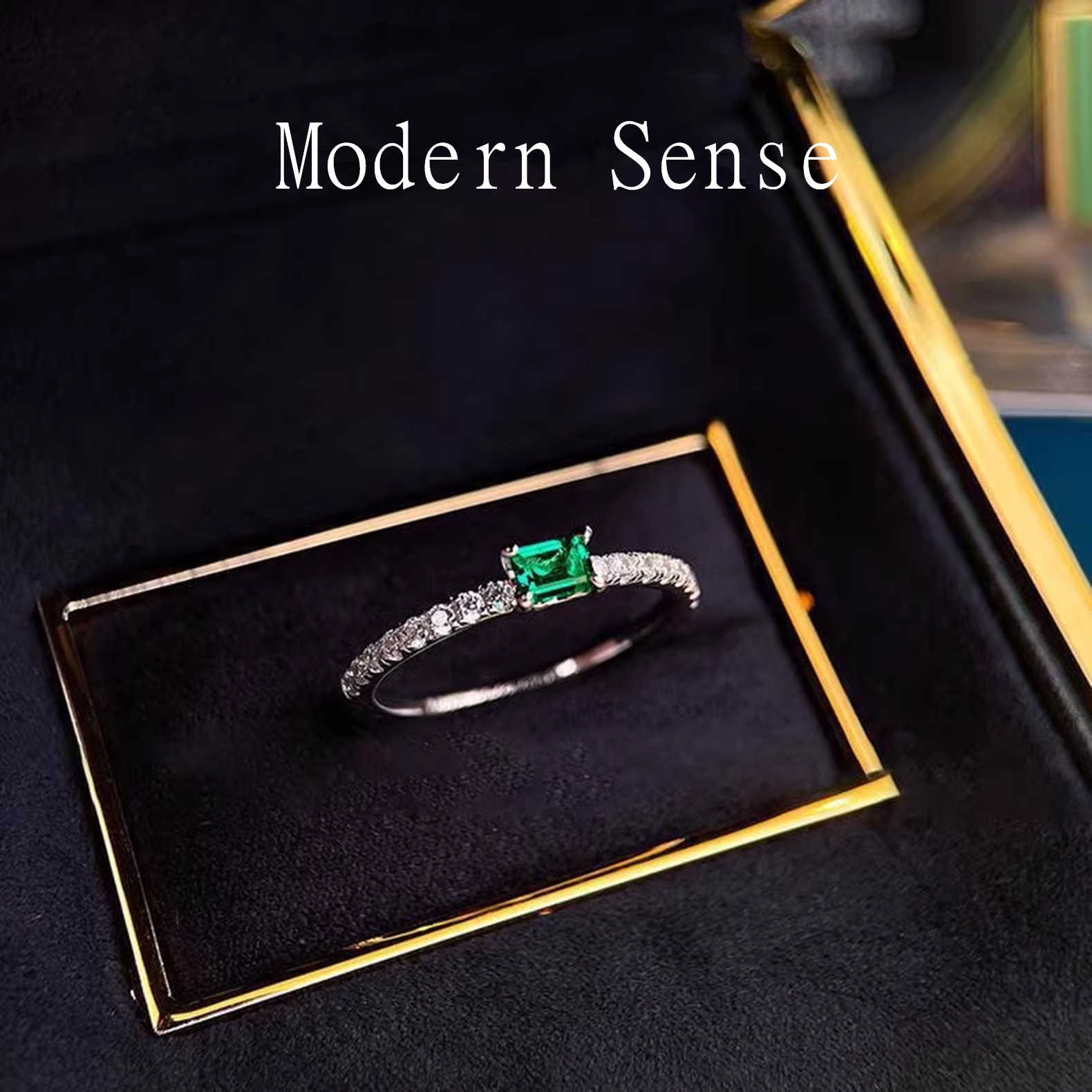 摩登圣饰S925银现代感祖母绿宝石戒指方切镶嵌小众百搭女款指环