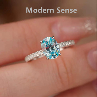 摩登圣饰S925银轻奢蓝宝石戒指女椭圆形鸽子蛋镶钻戒高级设计师款