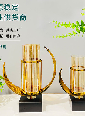 跨境轻奢金属玻璃透明花瓶高级感创意家居客厅艺术插花摆件工艺品