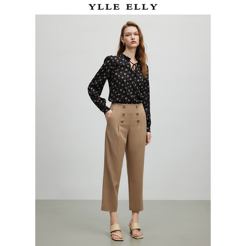YLLE ELLY 2025春季新款纯色高腰直筒裤双