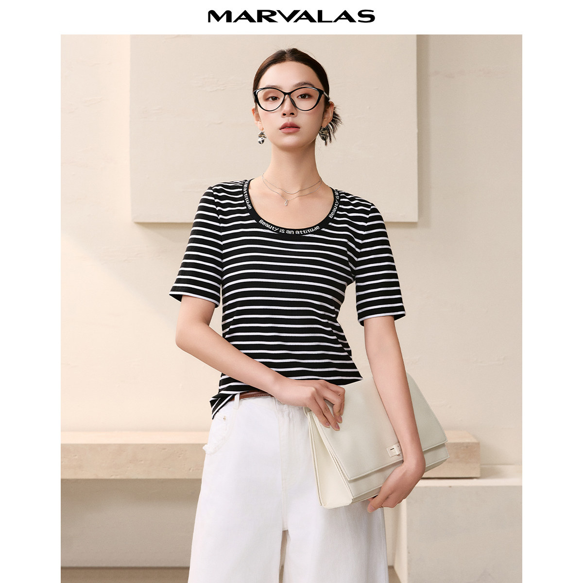 【廖廖粉丝专属】曼德诗针织T恤黑白撞色条纹上衣字母提花打底衫