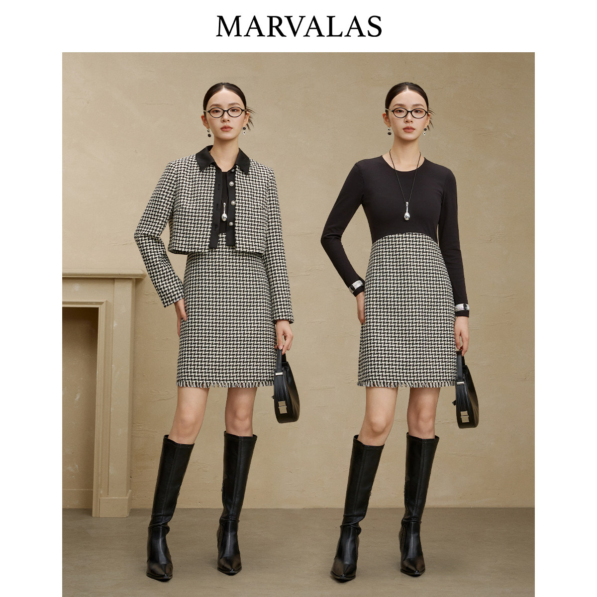 【添添粉丝专属】曼德诗千鸟格时尚套装2025冬季新款黑白撞色短外