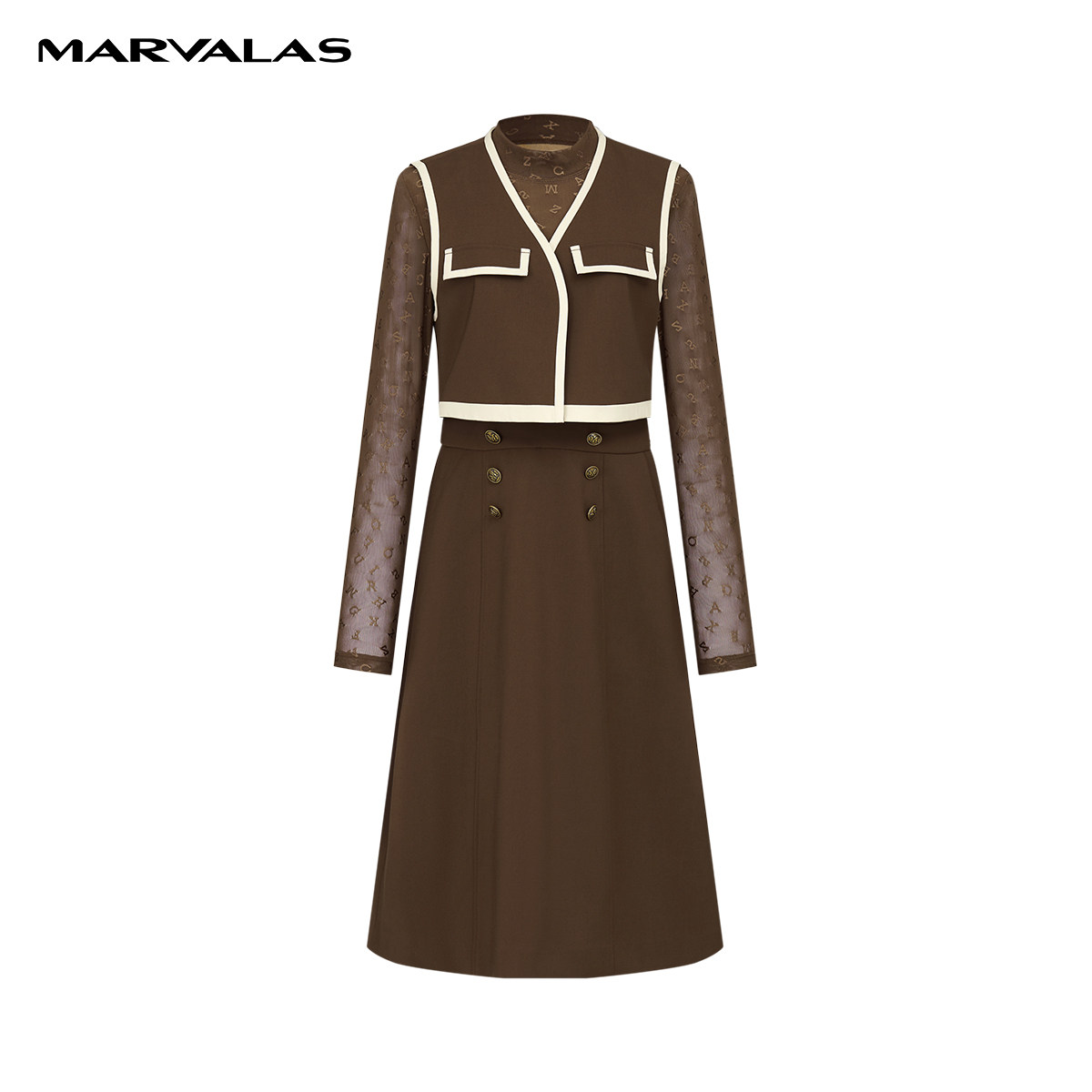 【粉丝专属】高腰拼色连衣裙秋季长袖圆领网纱长裙M534305153