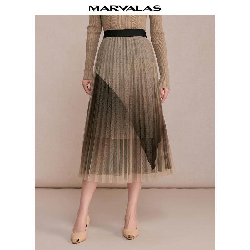 【廖廖粉丝专属】曼德诗高腰半身裙2024冬季新品时尚波点网纱拼接