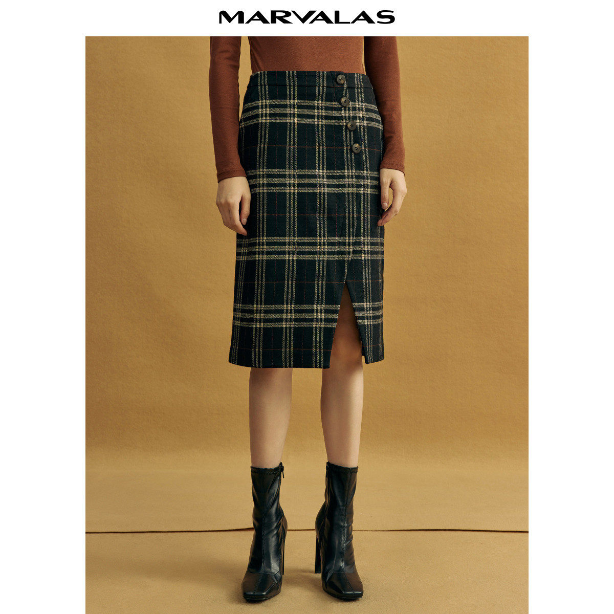 【粉丝专属】【曼德诗】半身裙中长款女2023秋季英伦复古高腰开叉